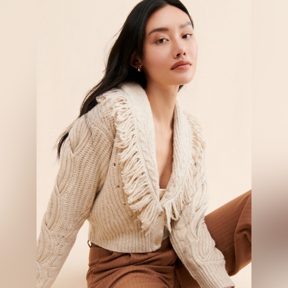 dh NEW YORK Cream Fringe Cardigan